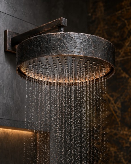 Forged rustic rainfall shower head for luxury mountain lodge bathrooms