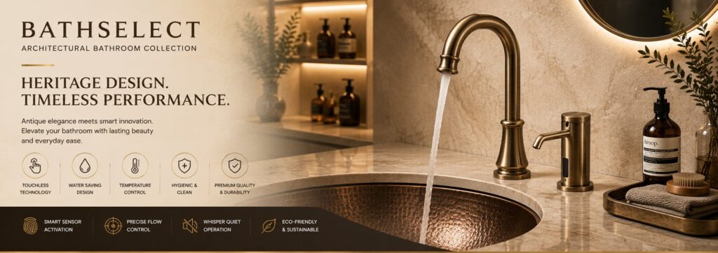 Antique brass touchless faucet and soap dispenser set
