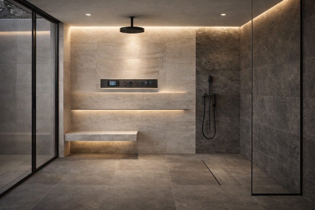 Mixed finish black and gold shower design