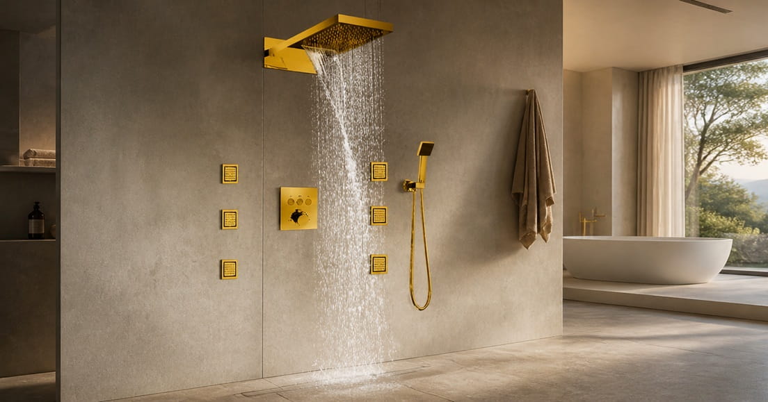 Read more about the article BathSelect Shower Systems: Brushed Gold, Rainfall, Digital & Chrome Designs