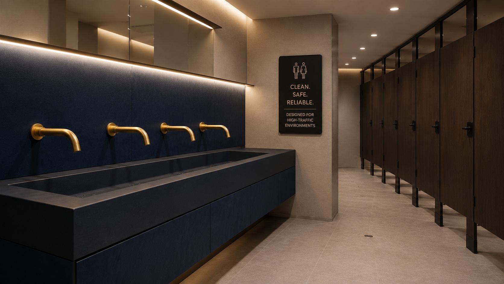 Commercial restroom installation featuring touchless faucets in a high-traffic facility