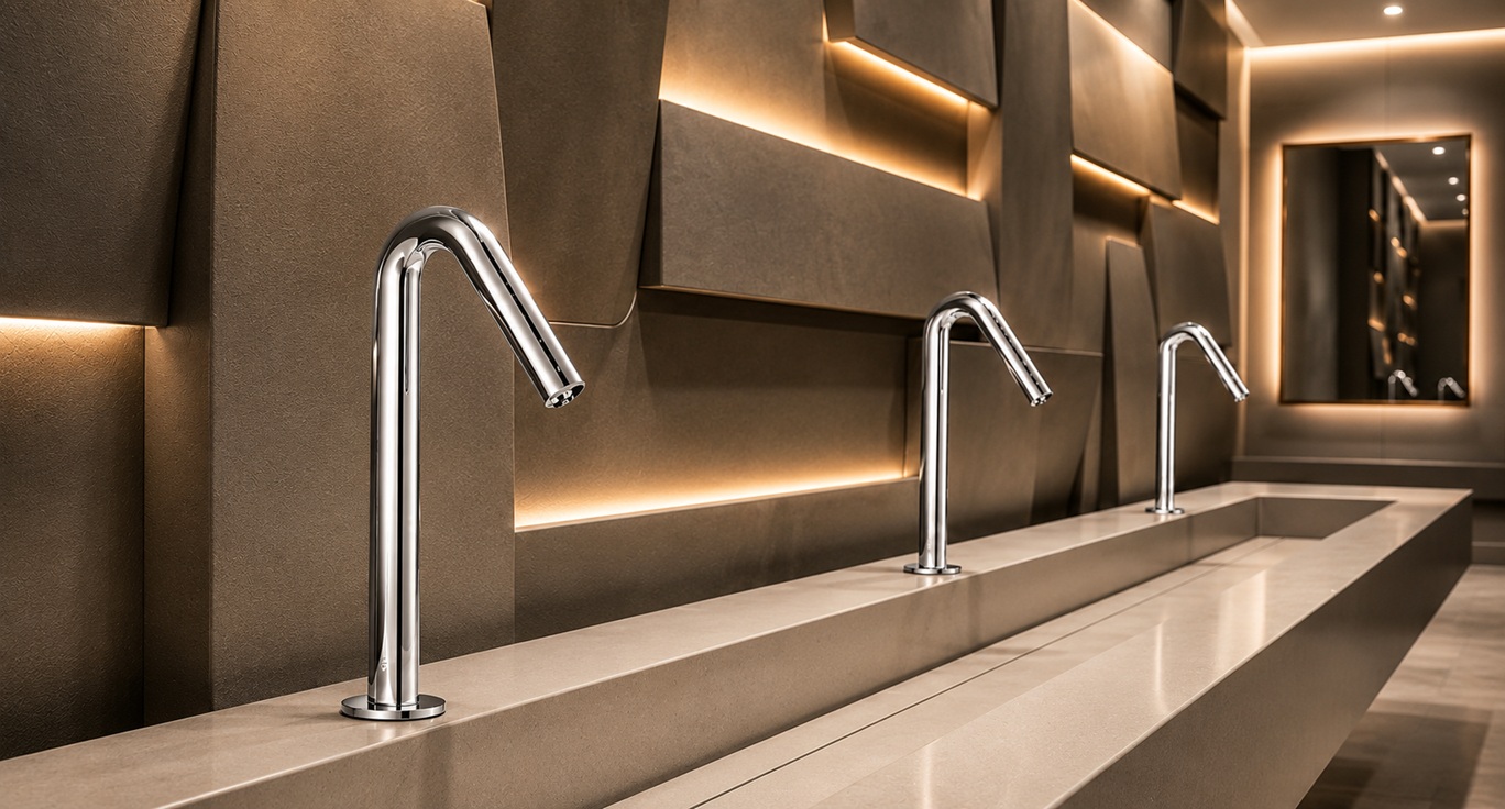 Commercial restroom fixture research with touchless faucets for high-use BathSelect bathroom projects