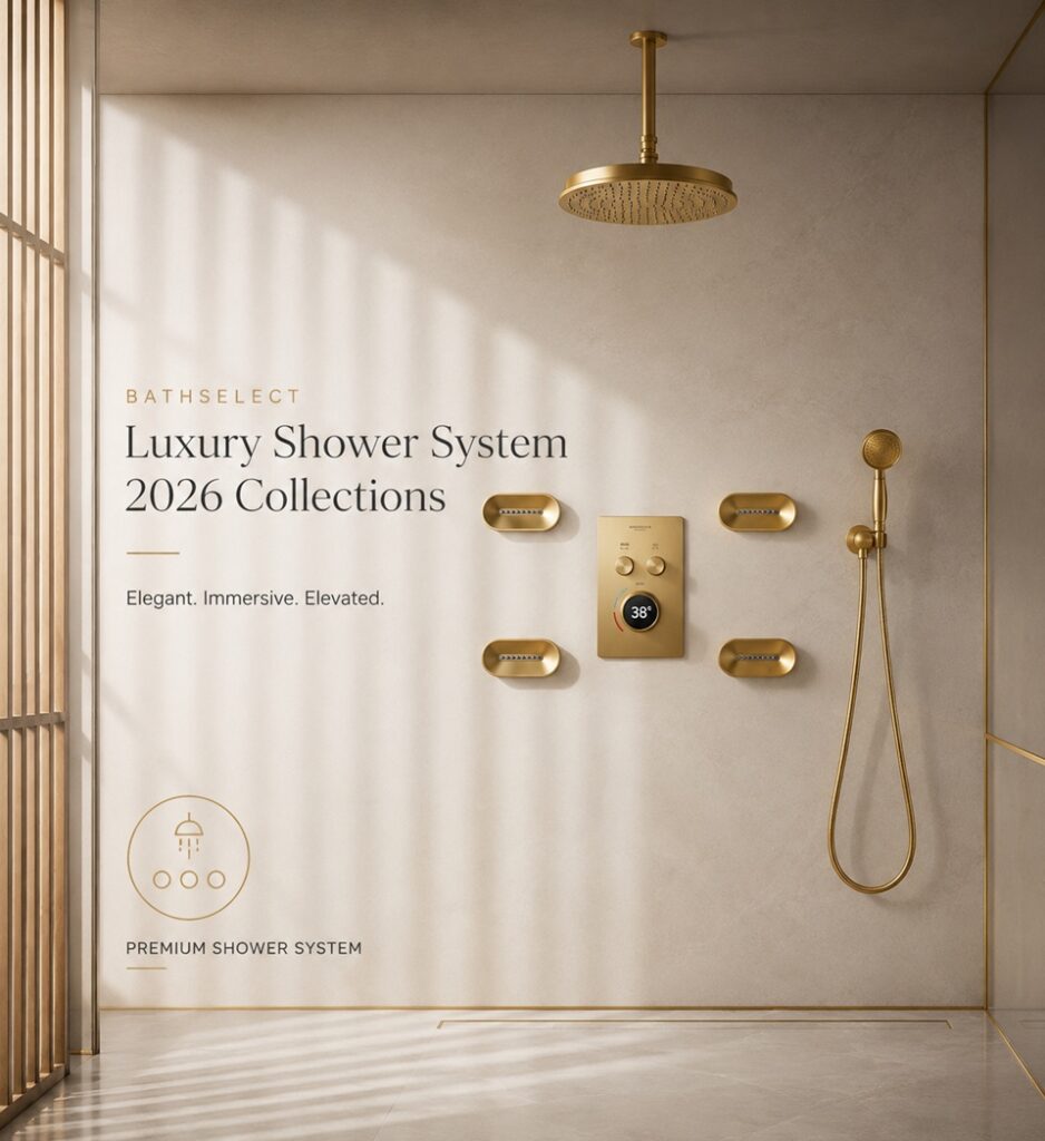 BathSelect luxury digital shower system collection showing smart controls and multi-function shower specification