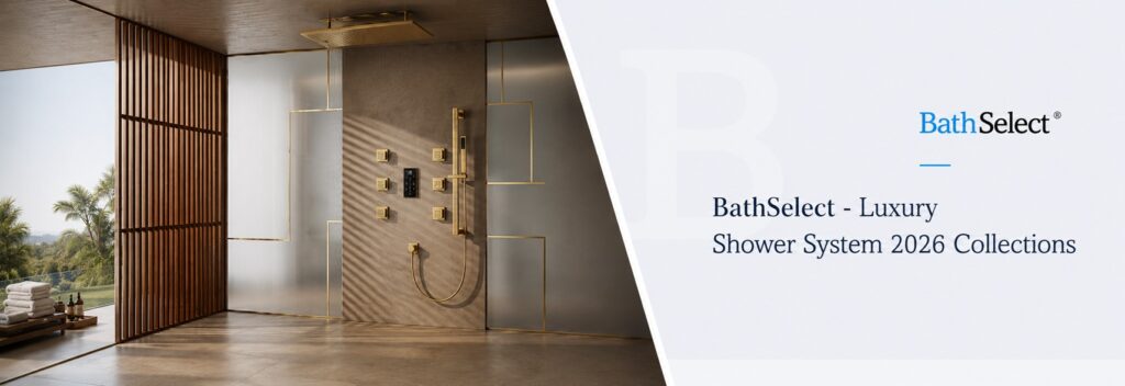 BathSelect luxury gold rainfall and body spray shower collection for architect specification