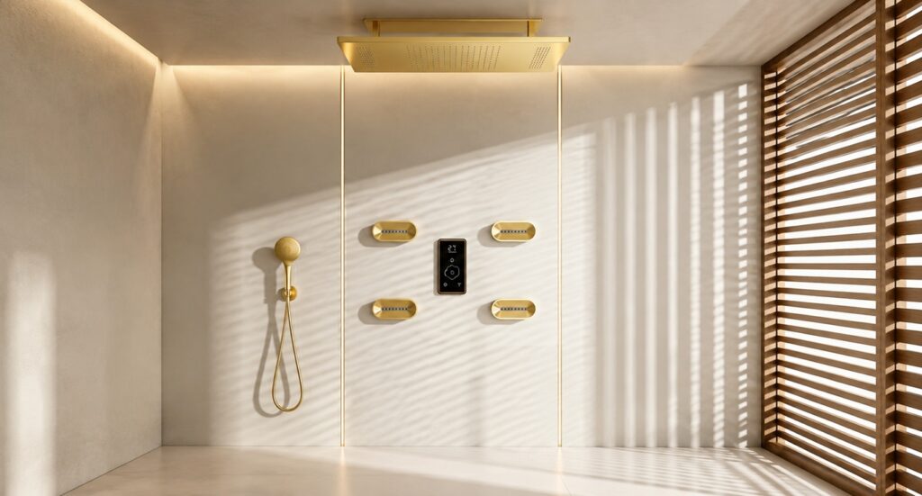 BathSelect brushed gold digital rainfall shower system for hotel bathroom mockup commissioning
