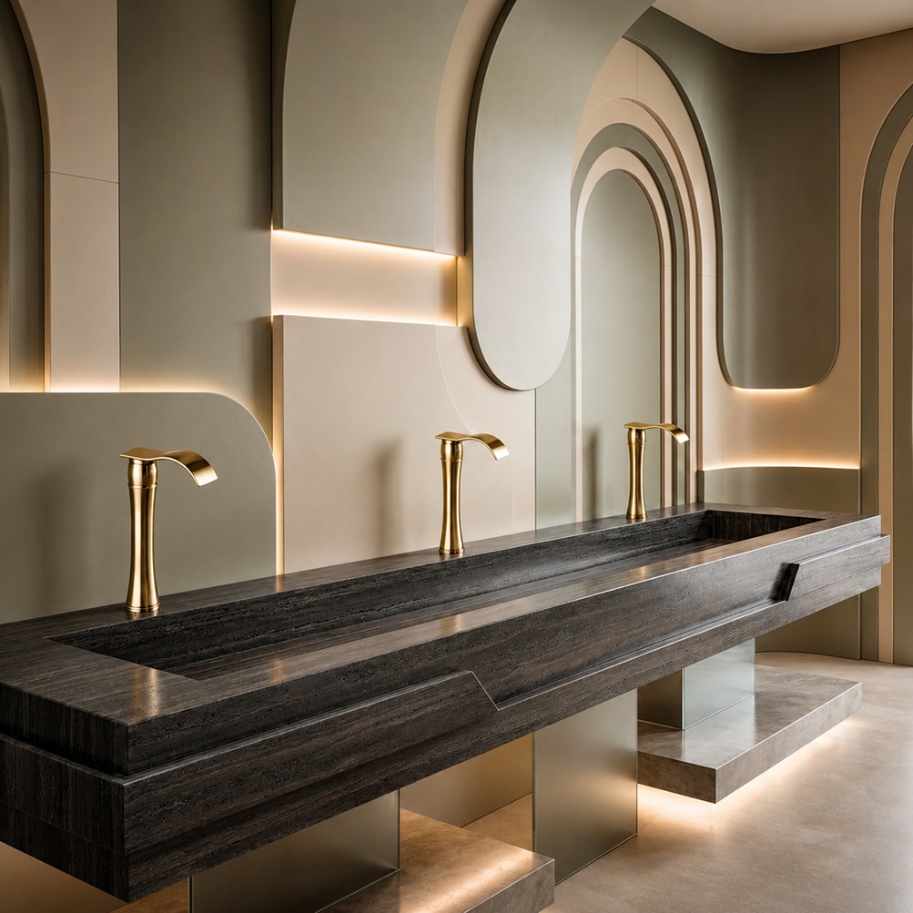 Office commercial restroom touchless fixture layout for workplace washroom research