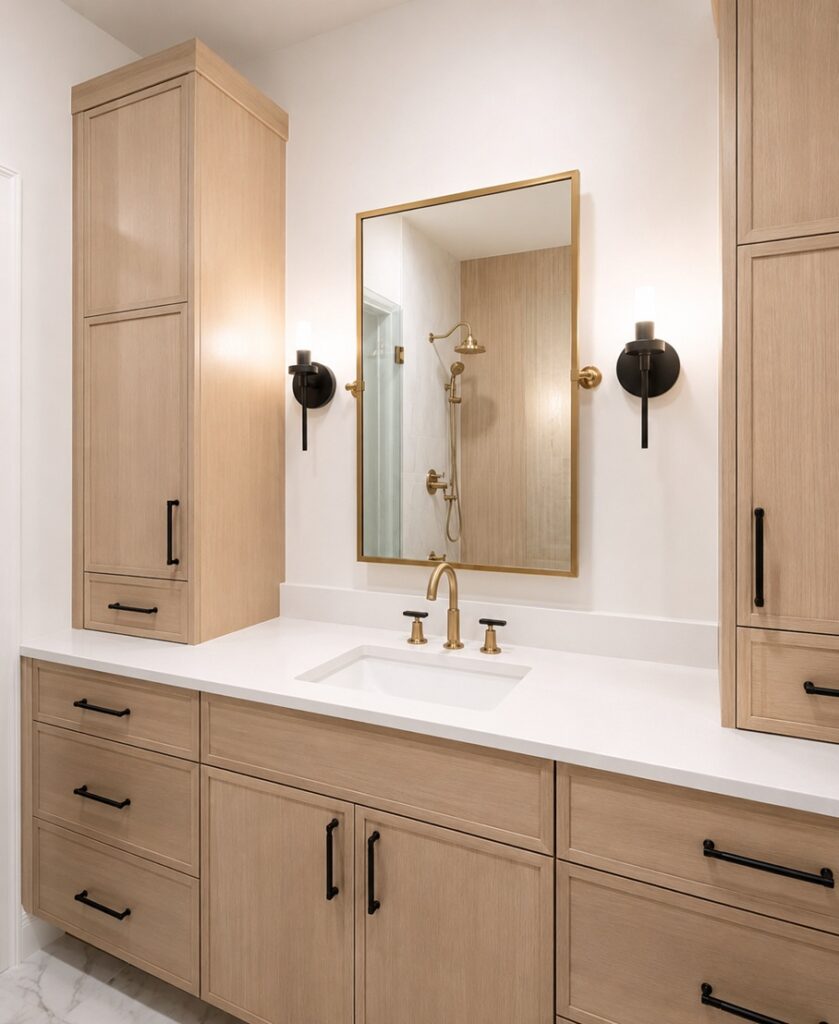 BathSelect light oak vanity with brushed gold faucet illustrating ergonomic vanity storage and fixture coordination