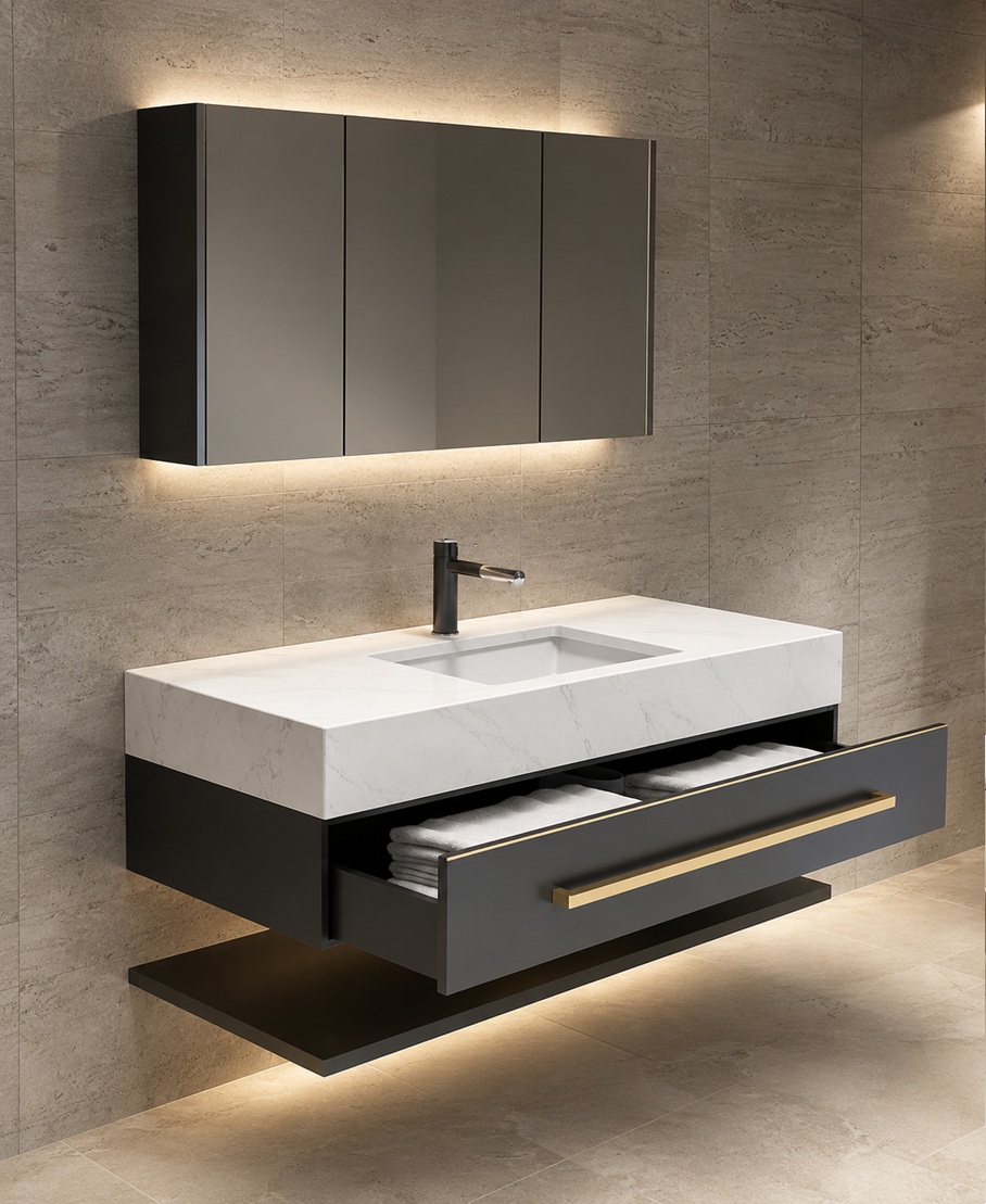 Natural stone vanity surface in a luxury interior