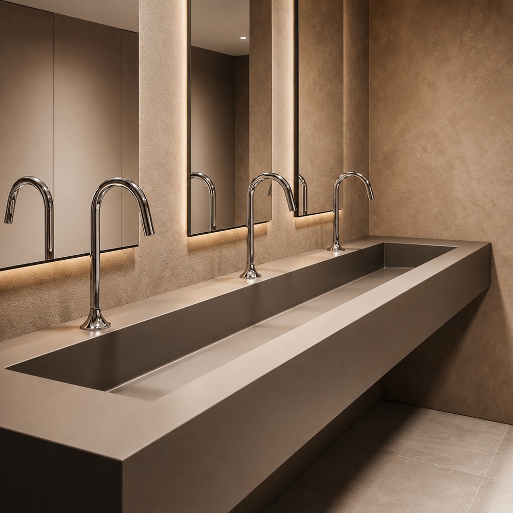 Architect and designer planning commercial restroom fixtures for high-use BathSelect projects