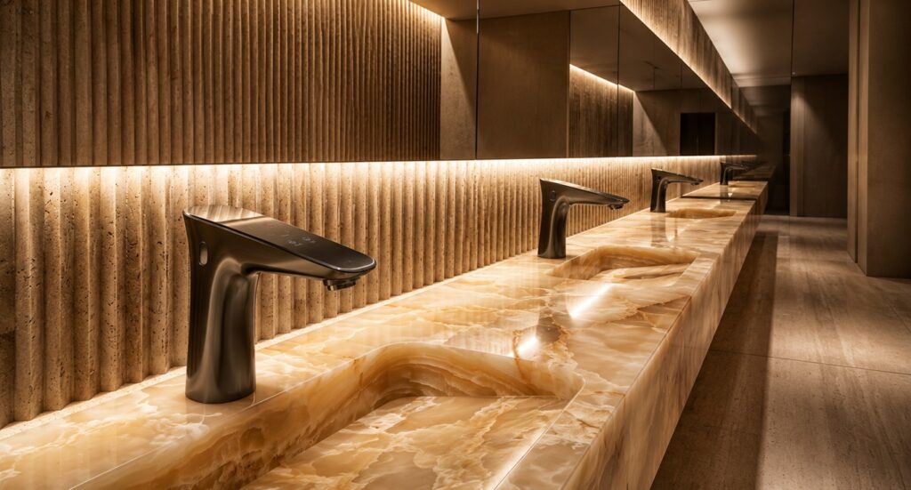 BathSelect smart faucets with honey onyx trough demonstrating stone and metal material coordination