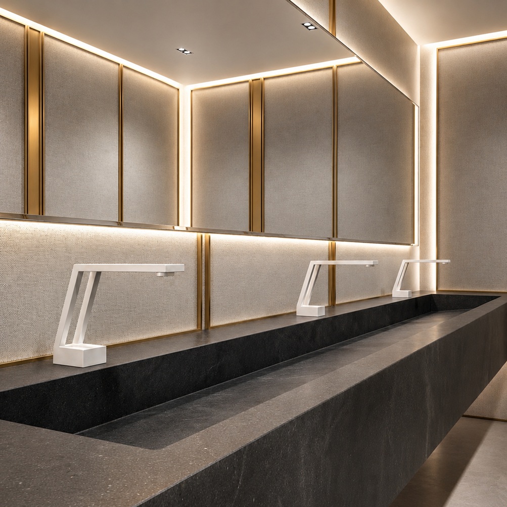Hospitality commercial bathroom fixtures with sensor faucet planning for guest restrooms