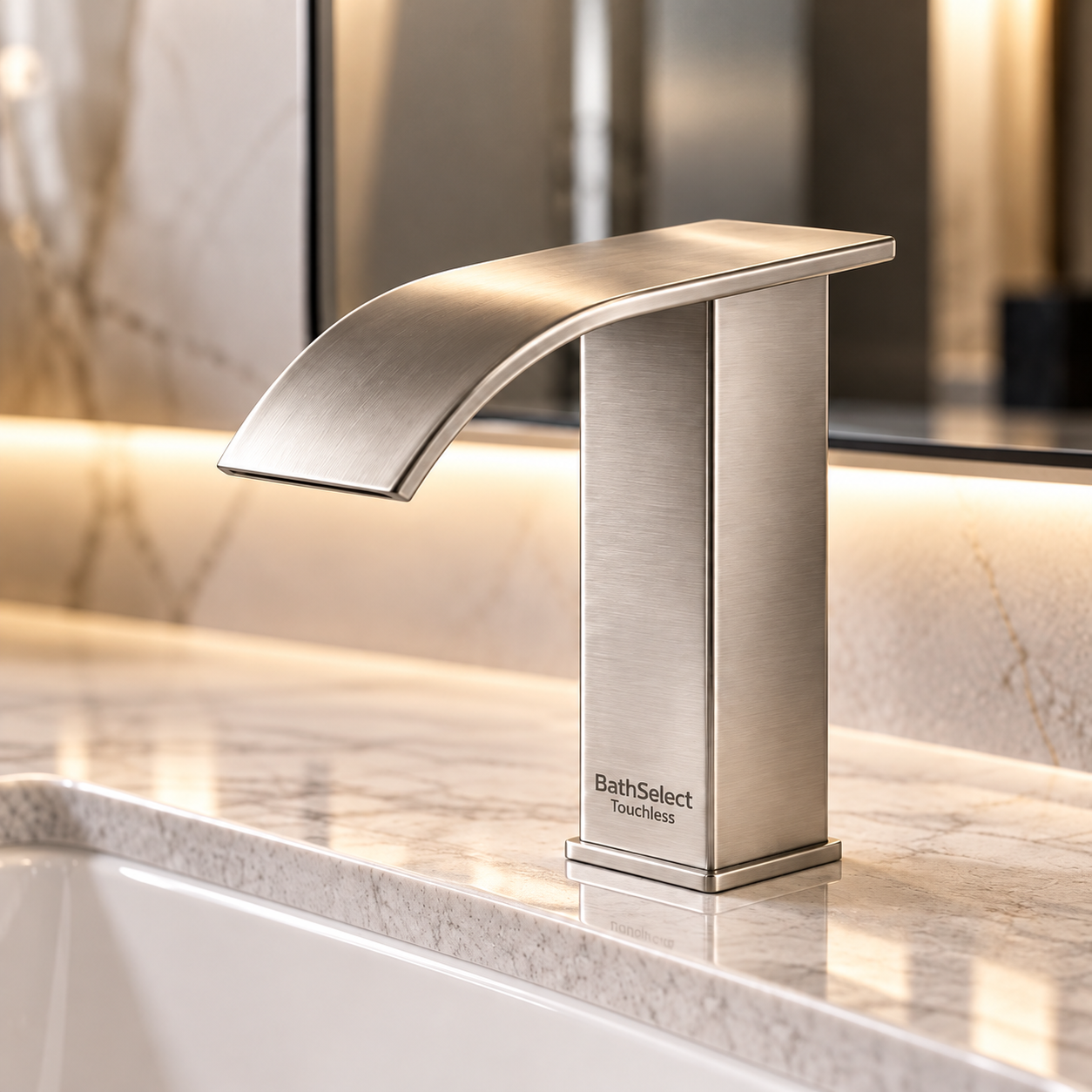 High-end commercial restroom with multiple deck-mounted chrome sensor faucets and integrated white trough sink