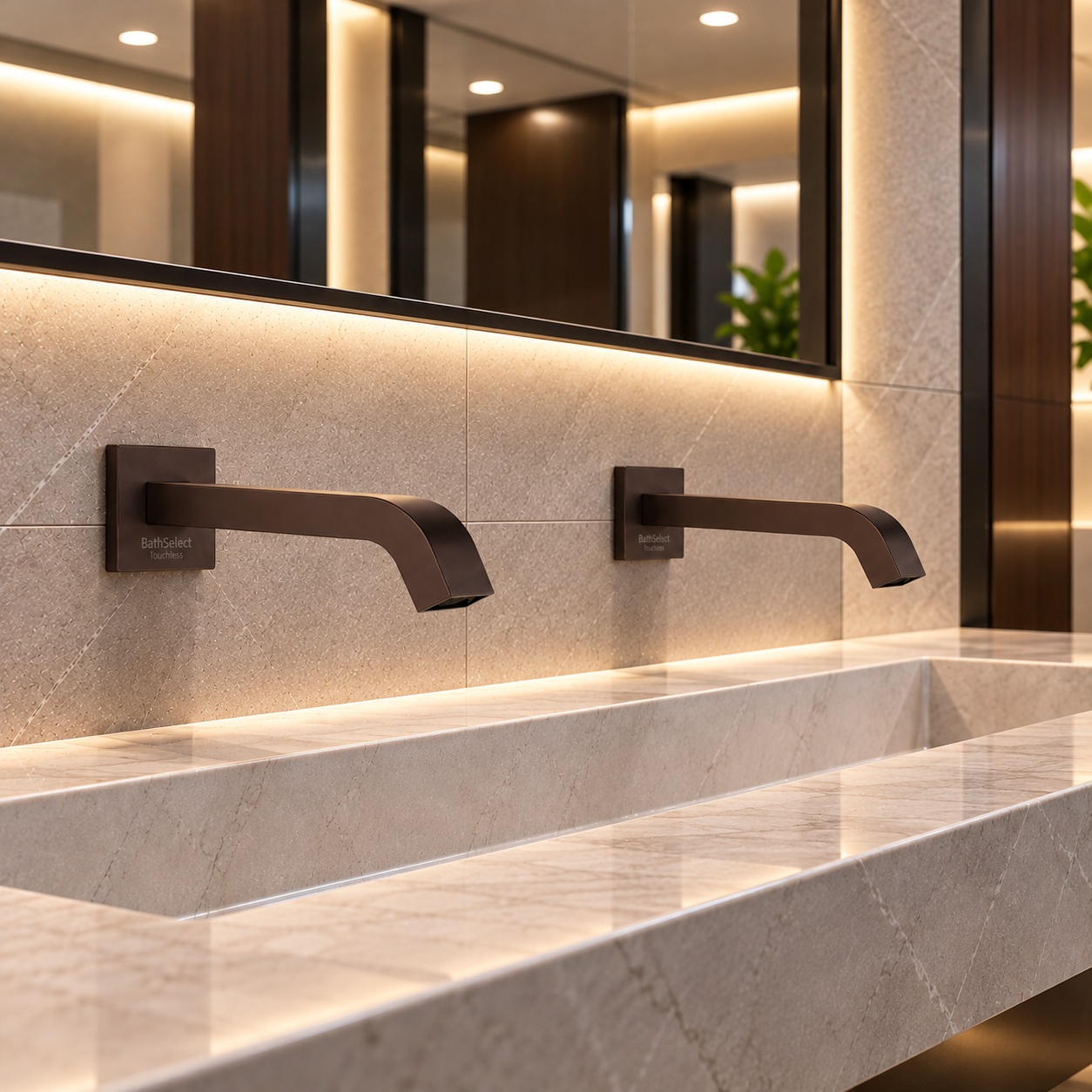 Commercial restroom showing a row of sensor faucets and coordinated washbasins suitable for sensor commissioning