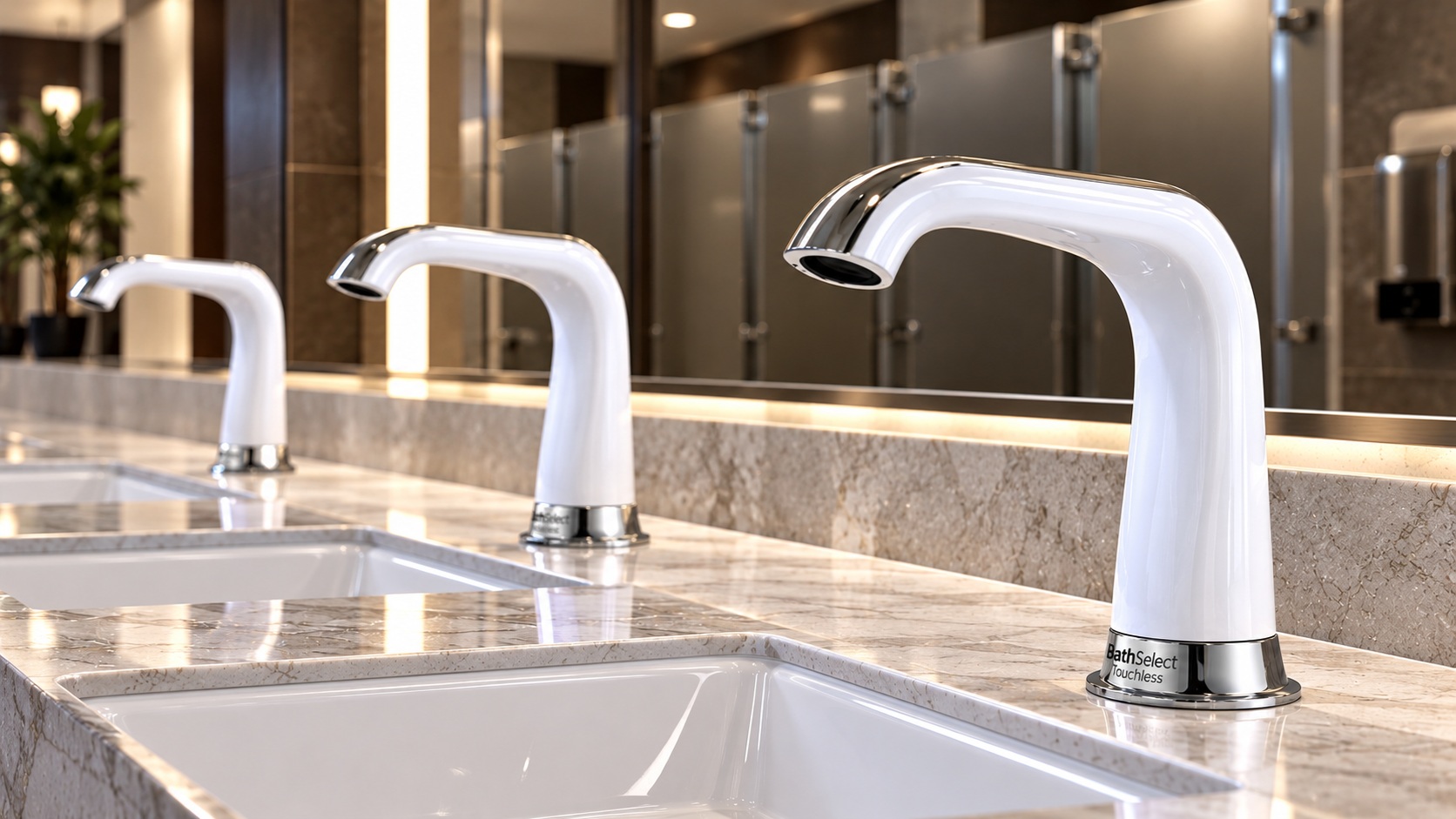 Modern commercial office restroom with a continuous vanity, multiple touchless faucets and large wall mirrors