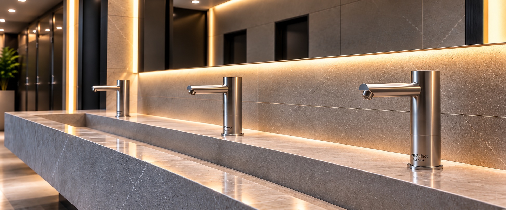 Minimalist commercial restroom with a continuous stone trough basin and multiple stainless-steel touchless faucets